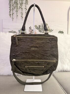 Givenchy Olive Brown Textured Leather Shoulder Bag with Gold Hardware